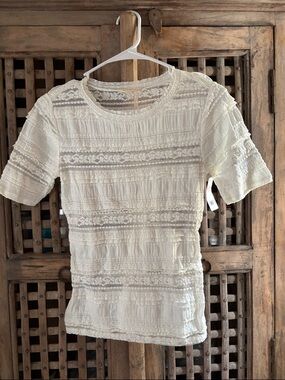 Lucky Brand Cream Lace-Trim Short Sleeve Top